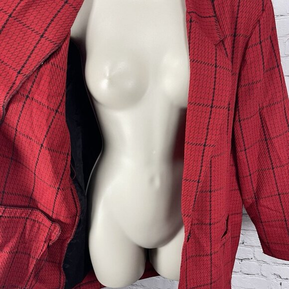 VTG Samantha USA Red Check One Button Lightweight Blazer Pockets Size 14 - Picture 8 of 10